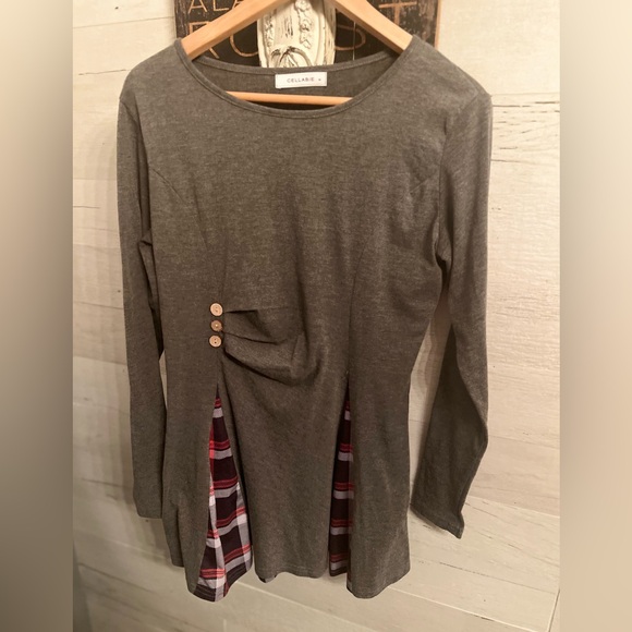 Cellabie Tops - Gray Women's Cellabie Blouse with Plaid Accents